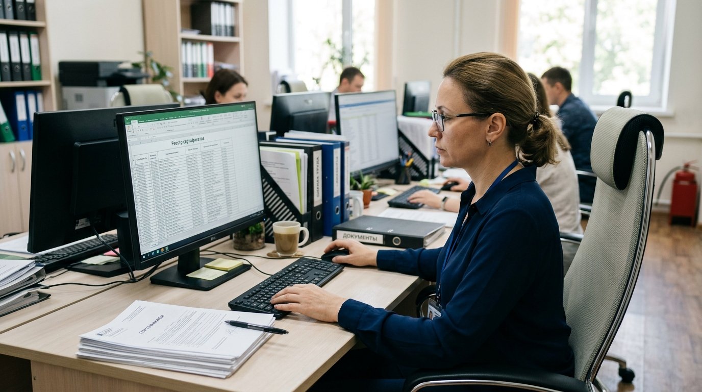 Специалист по охране труда работает за компьютером, проверяя реестр сертификатов