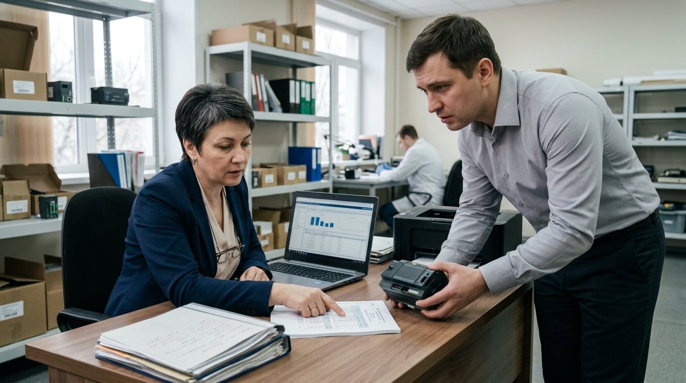 Консультация специалиста: эксперт по сертификации обсуждает расхождения в документации с продавцом, показывает на записи в базе и образец товара, профессиональная обстановка офиса или лаборатории.
