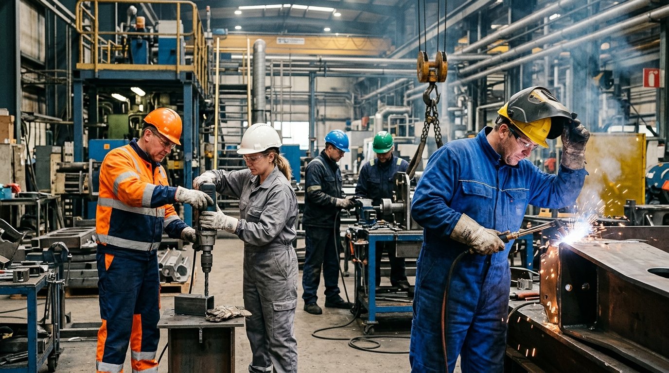Производственная среда с рабочими в защитных очках, касках, специальной одежде разных типов защиты